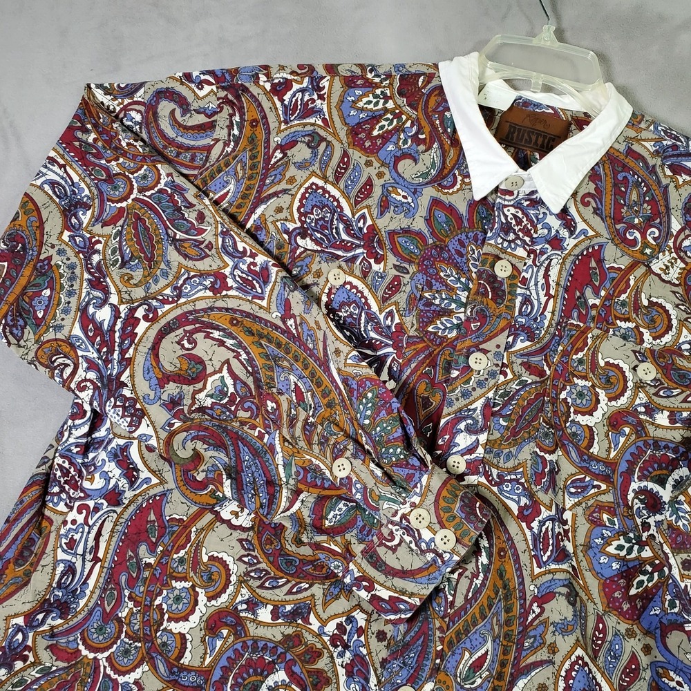 Vintage Roper Rustic Shirt XL Multi Paisley White Collar Button Western Rodeo